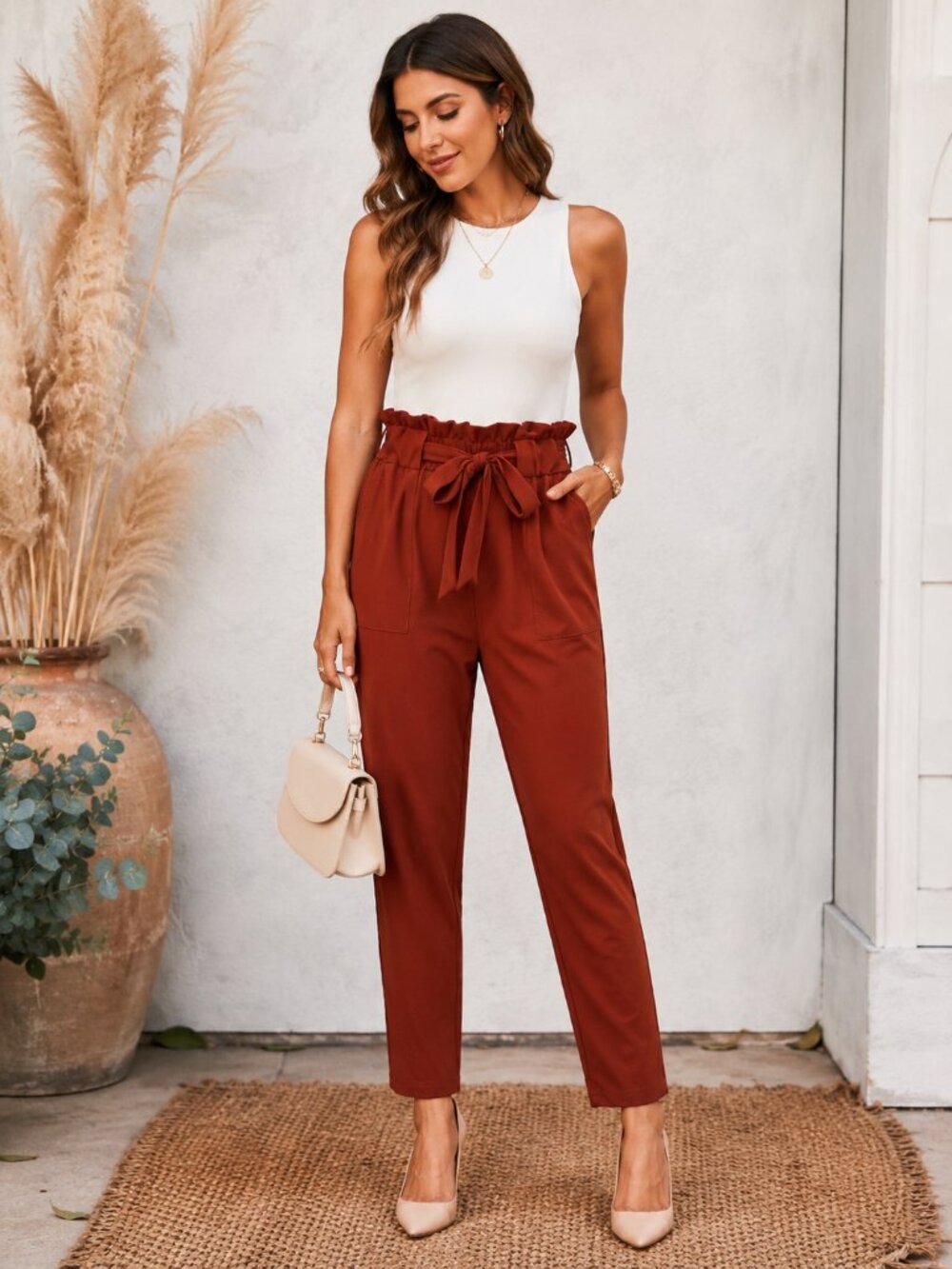 GRACE KARIN Rust Paperbag Waist Tie Pants High Rise Tapered Trouser